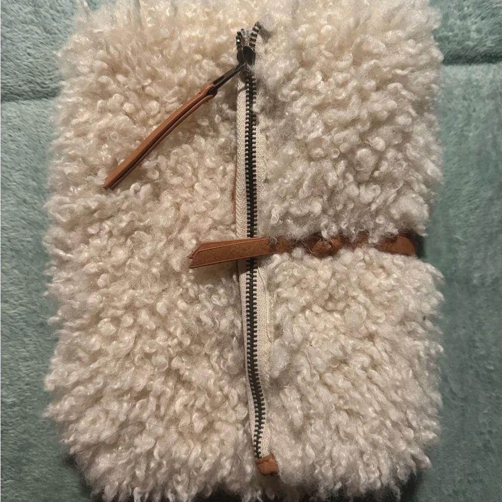Universal Thread Cream Fuzzy Clutch with Tan Strap